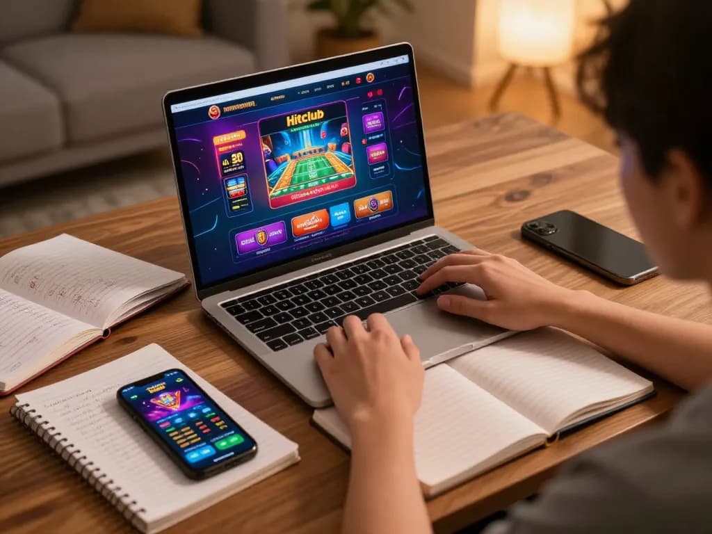 Hitclub player strategizing with laptop and notes in a cozy home gaming setup