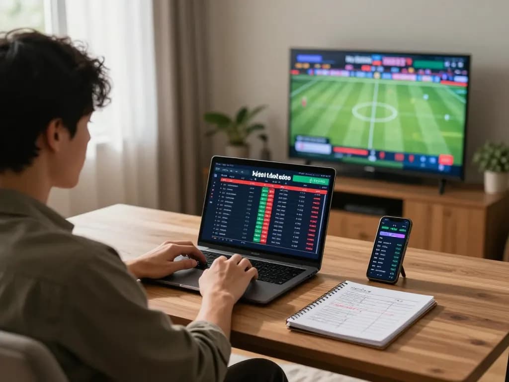 Person analyzing kèo nhà cái data while engaged in online sports betting at home, showcasing strategy.