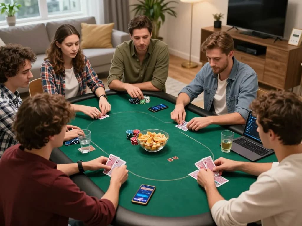 Players enjoying an engaging poker night at home with SC88 gaming interfaces visible, showcasing a friendly atmosphere