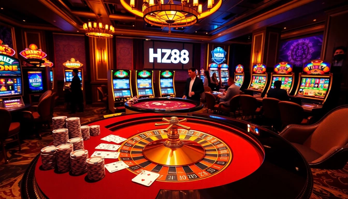 Play at HZ88's luxurious casino with vibrant slot machines and exciting poker tables.