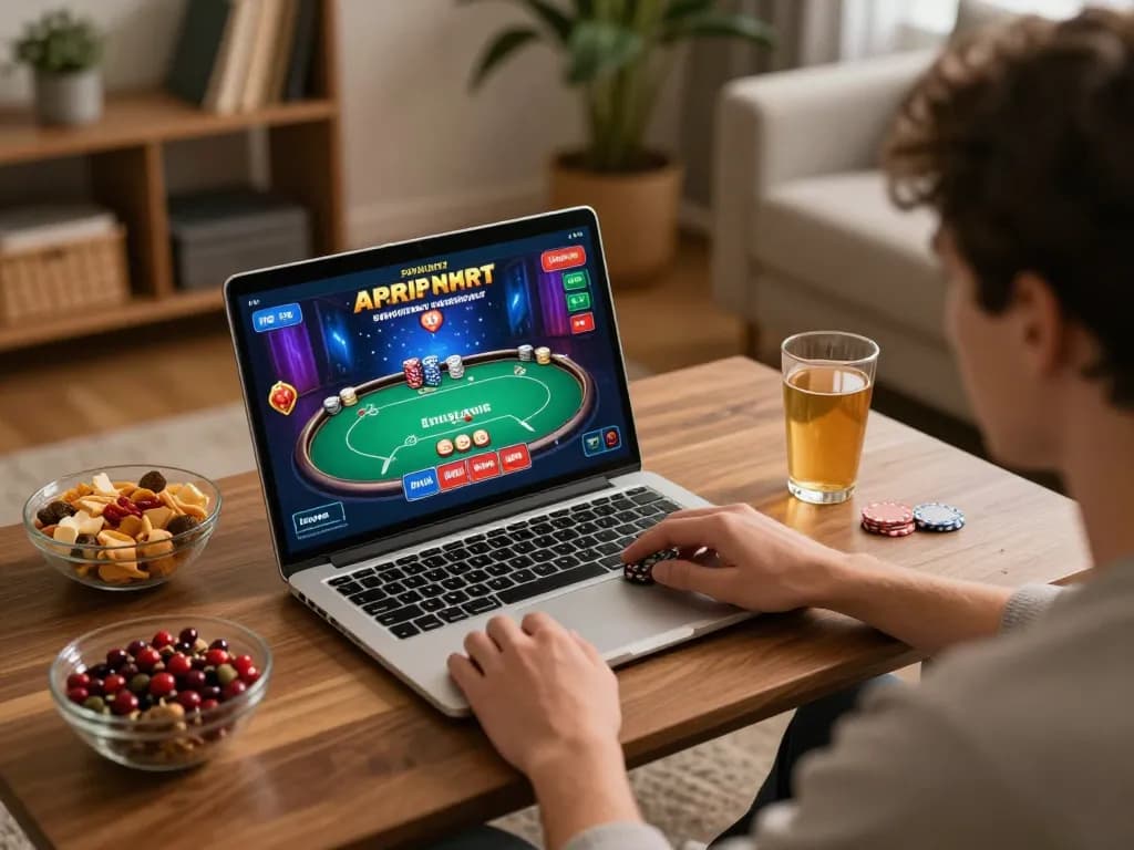 Focused player engaging with nhà cái PG88 online casino on a laptop, showcasing interactive poker gameplay