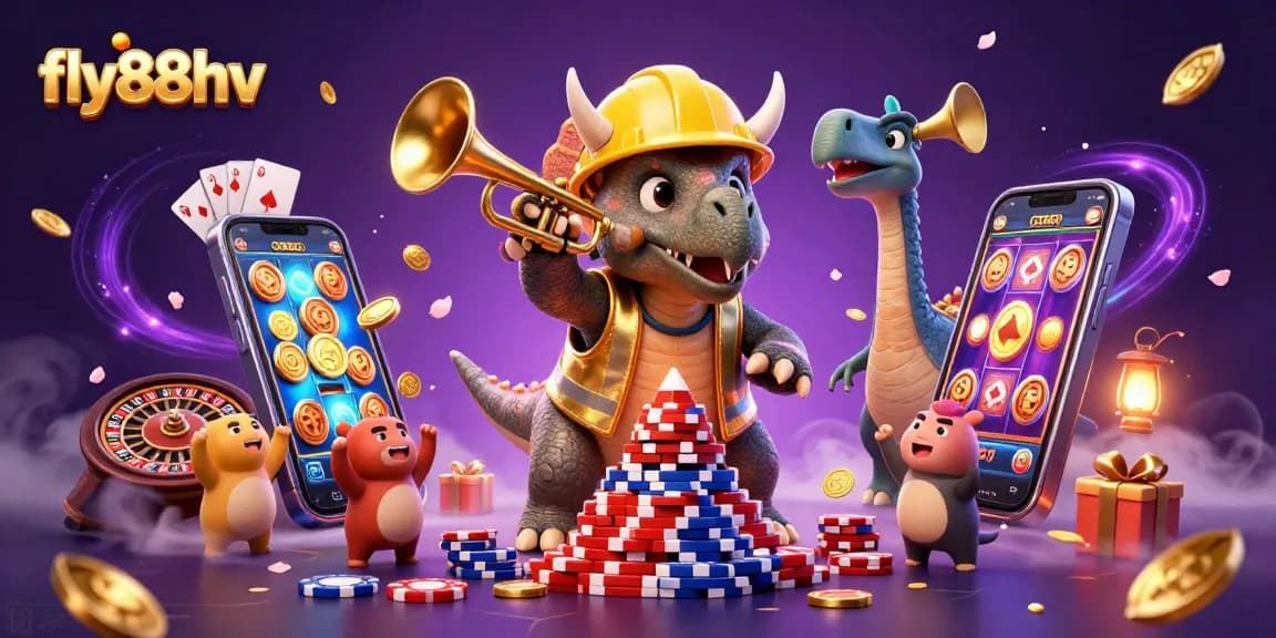 Engage in thrilling gaming with fly88hv, as the 3D characters celebrate big wins and vibrant casino elements.