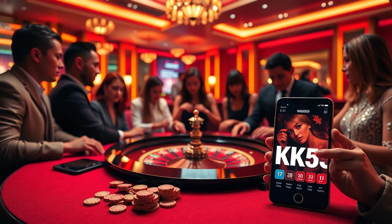 Players enjoying roulette at a luxurious casino with KK55 app displayed nearby.