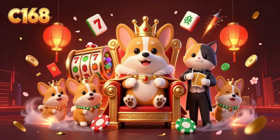 Engage with c 168's vibrant 3D royal corgi scene featuring dynamic casino elements.