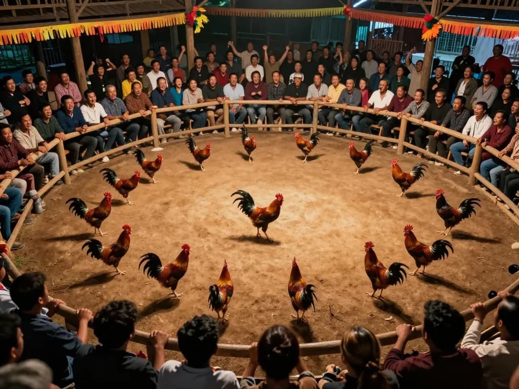 Witness thrilling Đá gà trực tiếp action with vibrant roosters battling in a lively arena atmosphere.