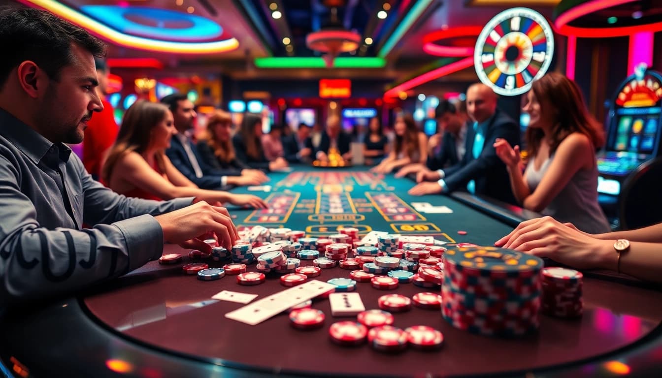 Engaging scene of a professional gaming table showcasing the excitement of nhà cái uy tín in action.