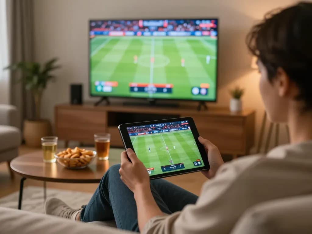 Engage with kết quả bóng đá through live sports betting on a tablet in a cozy home setting.