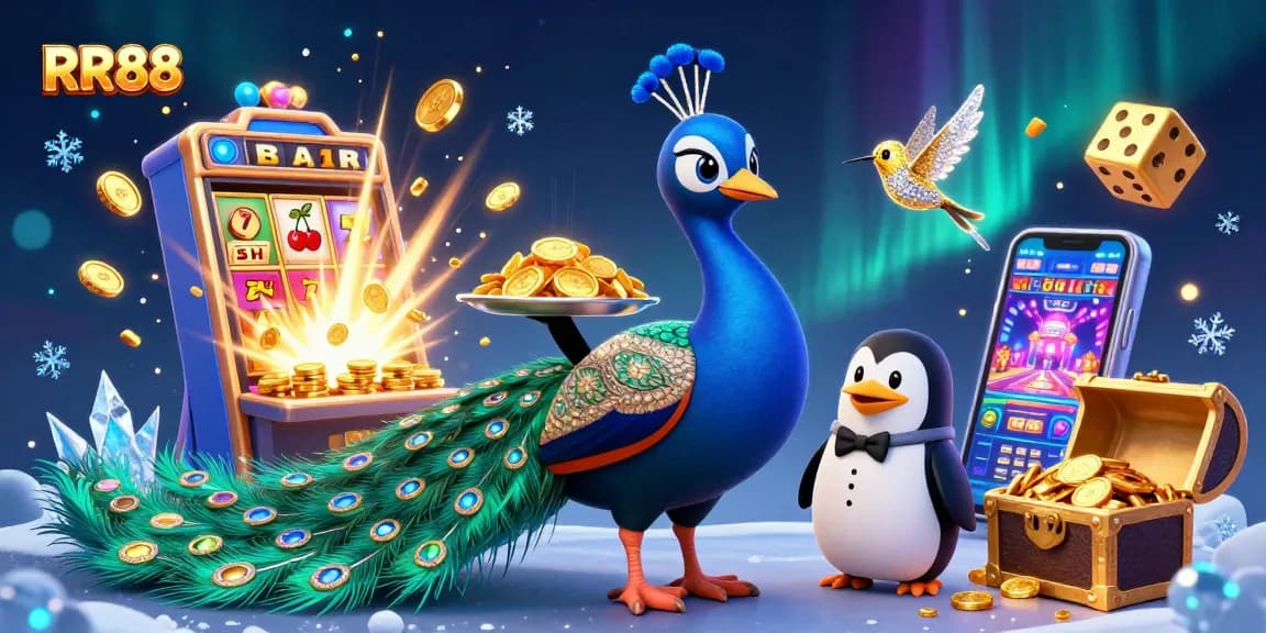 Experience the excitement of RR88 with a vibrant 3D casino scene filled with colorful characters and gambling elements.