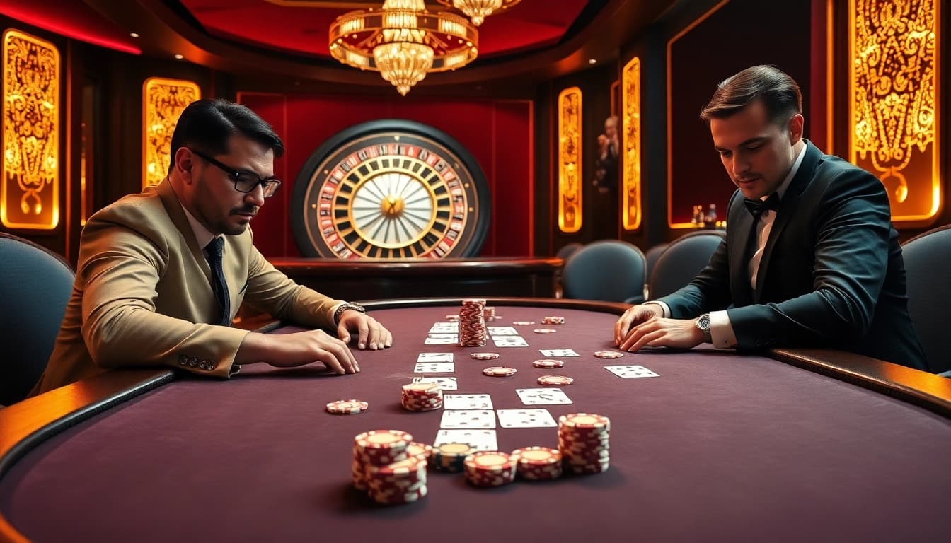 Players are engaged in high-stakes poker at an elegant casino, embracing the excitement of okfun adventures.