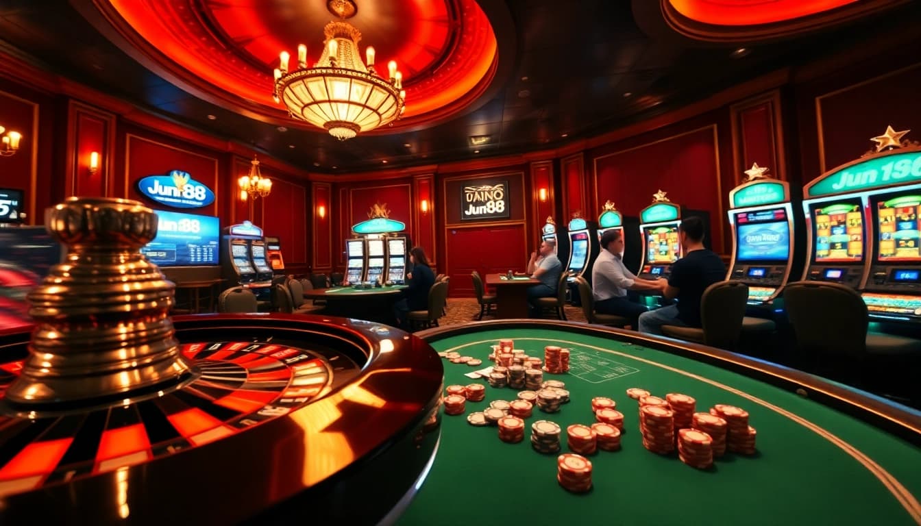 Experience the thrill of Jun88 with engaged poker players and vibrant casino games.
