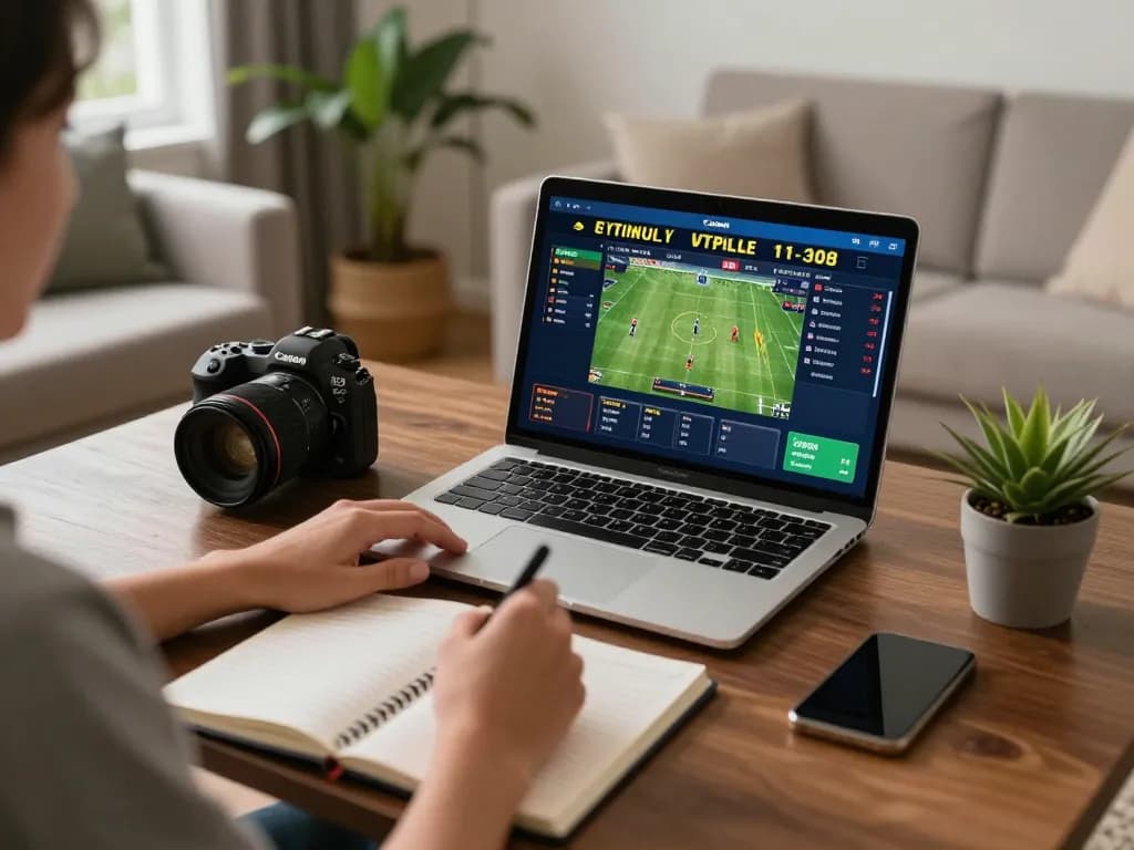 Sao789 player engaged in sports betting on a laptop with live odds displayed in a cozy home setting.
