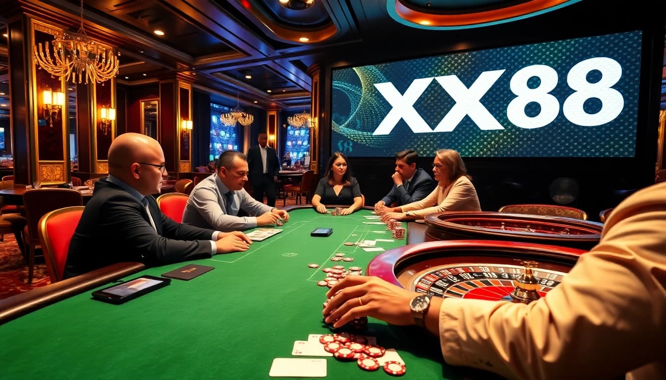 Players engaged in a heated poker game at a casino featuring the XX88 promotion.