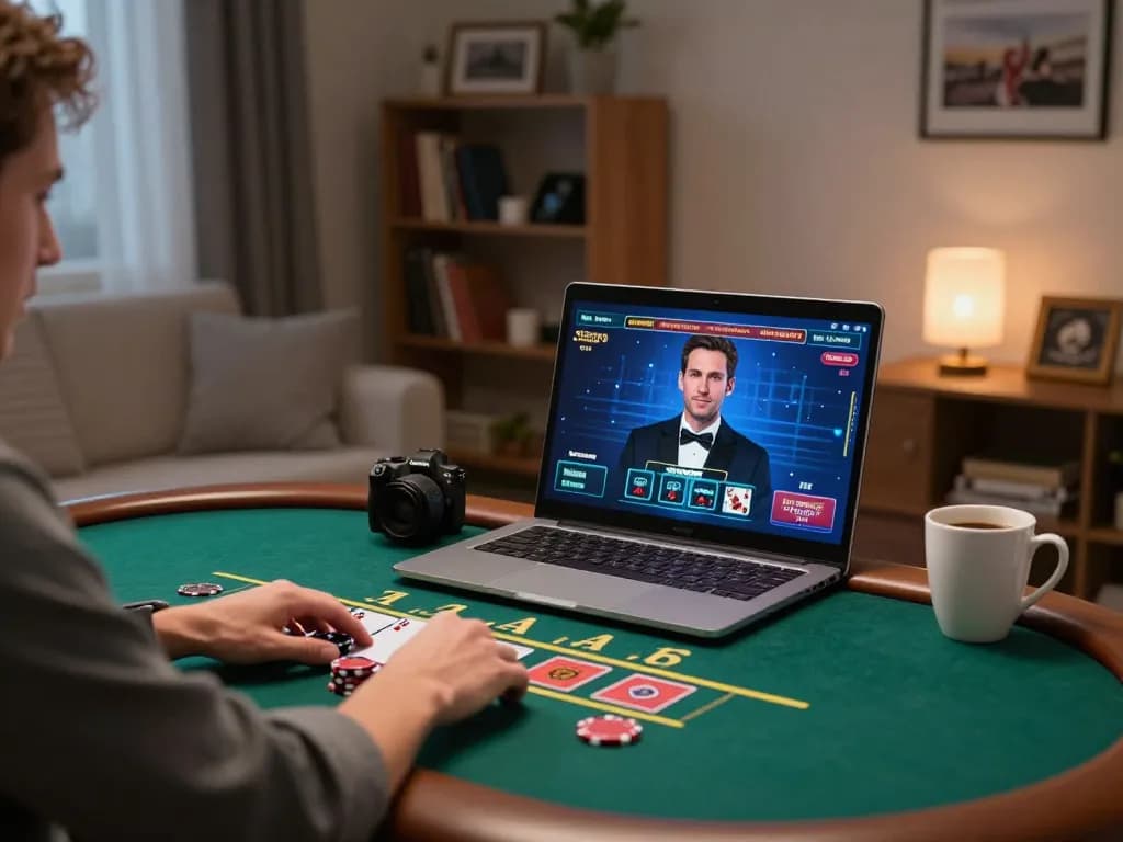 Engaging in online blackjack gameplay on laptop at home, showcasing responsible gaming habits with nhacaiuytinn.
