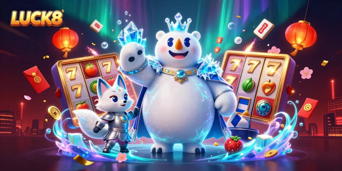 Spin the reels in LUCK8 with a vibrant 3D animated casino illustration featuring ice king and festive elements.