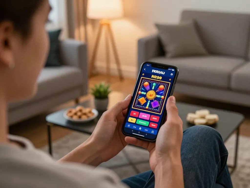 The RR99 user enjoying mobile gambling on a smartphone in a cozy modern setting with snacks.