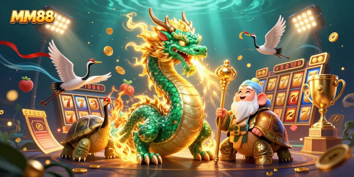 Join the adventure with MM88's emerald dragon, turtle sage, and lucky cranes amidst a vibrant slot game scene.