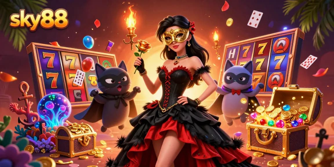 Experience thrilling moments at sky88 with interactive slot games and a stunning masquerade scene.