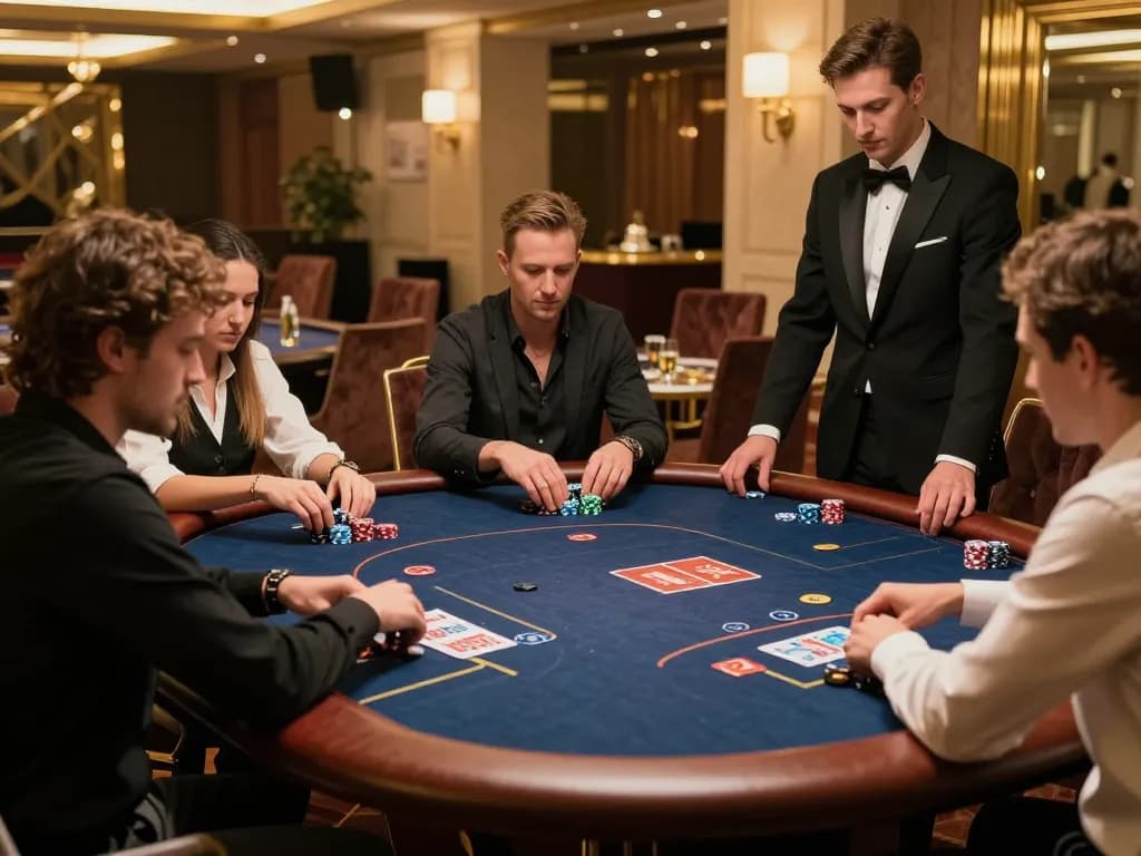 Onbet players strategizing during an exclusive poker game in a luxurious casino