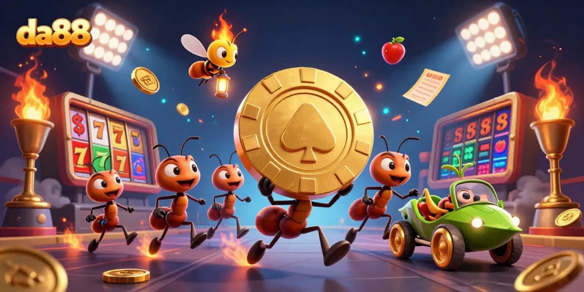 da88 heist scene with cartoon ants, golden poker chip, and vibrant casino elements