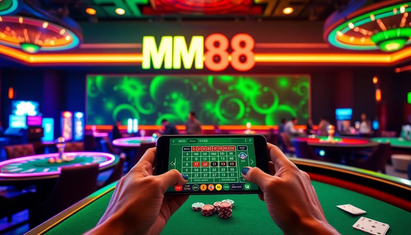 Engage in an exhilarating game experience at MM88 casino, with dynamic tables and vibrant visuals showcasing live betting.