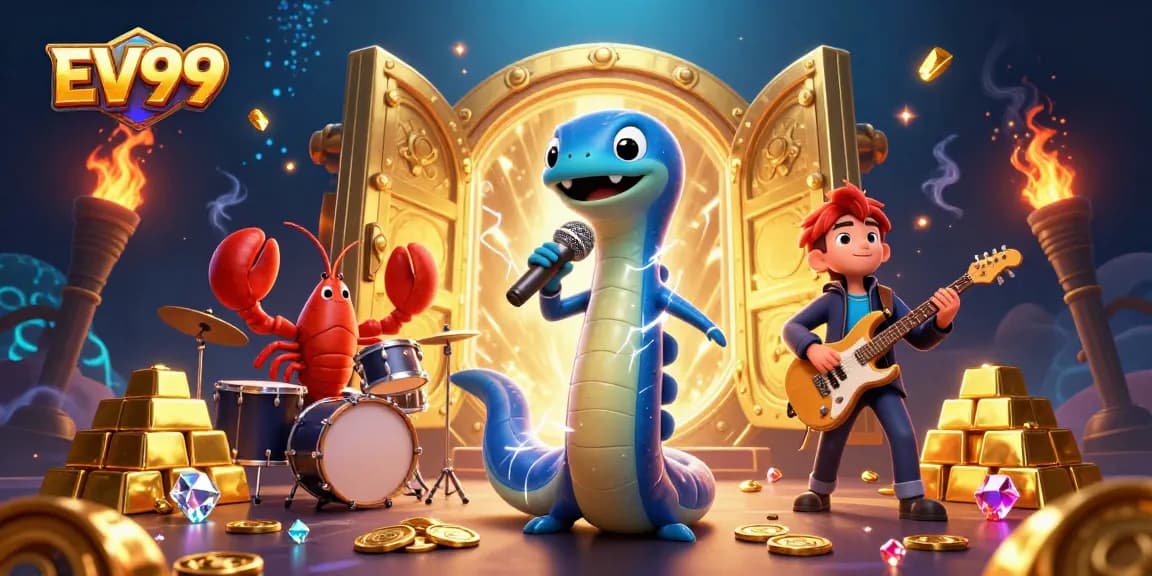 Experience thrilling wins with EV99 at an underwater casino, featuring vibrant 3D characters and treasures.