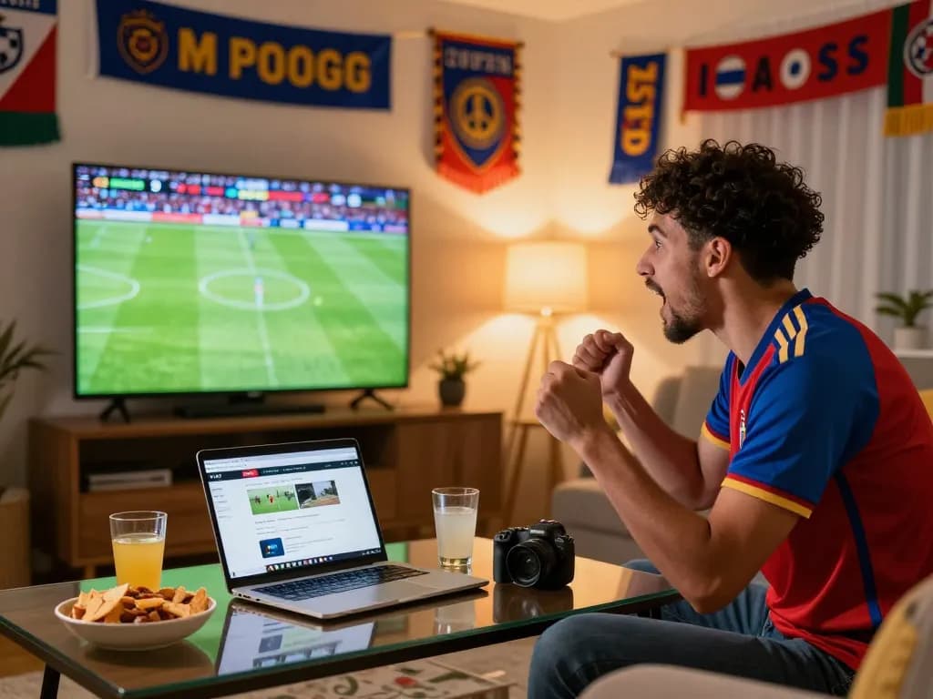 Soccer fan enjoying a live match on 7M, vibrant sports atmosphere with snacks and team decor.