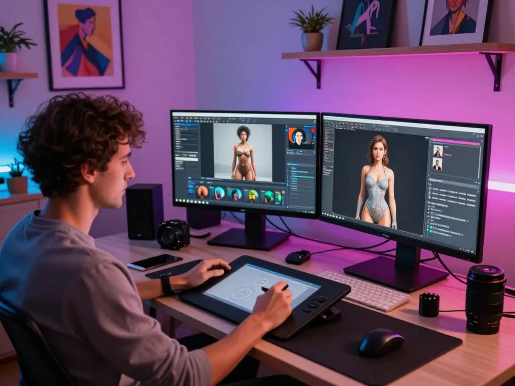 AI porn artist designing custom adult content on a digital tablet in a vibrant studio.