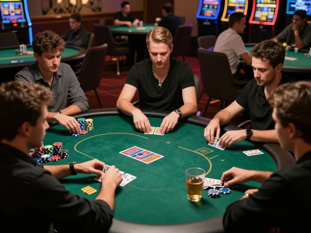 Players engage strategically at a premium poker table at 7mcn casino, illustrating the thrill of high-stakes gameplay.