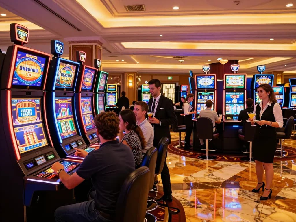 Engaging scene of players at keo-nha-cai-vn lively casino, illuminated slot machines create an exciting atmosphere.