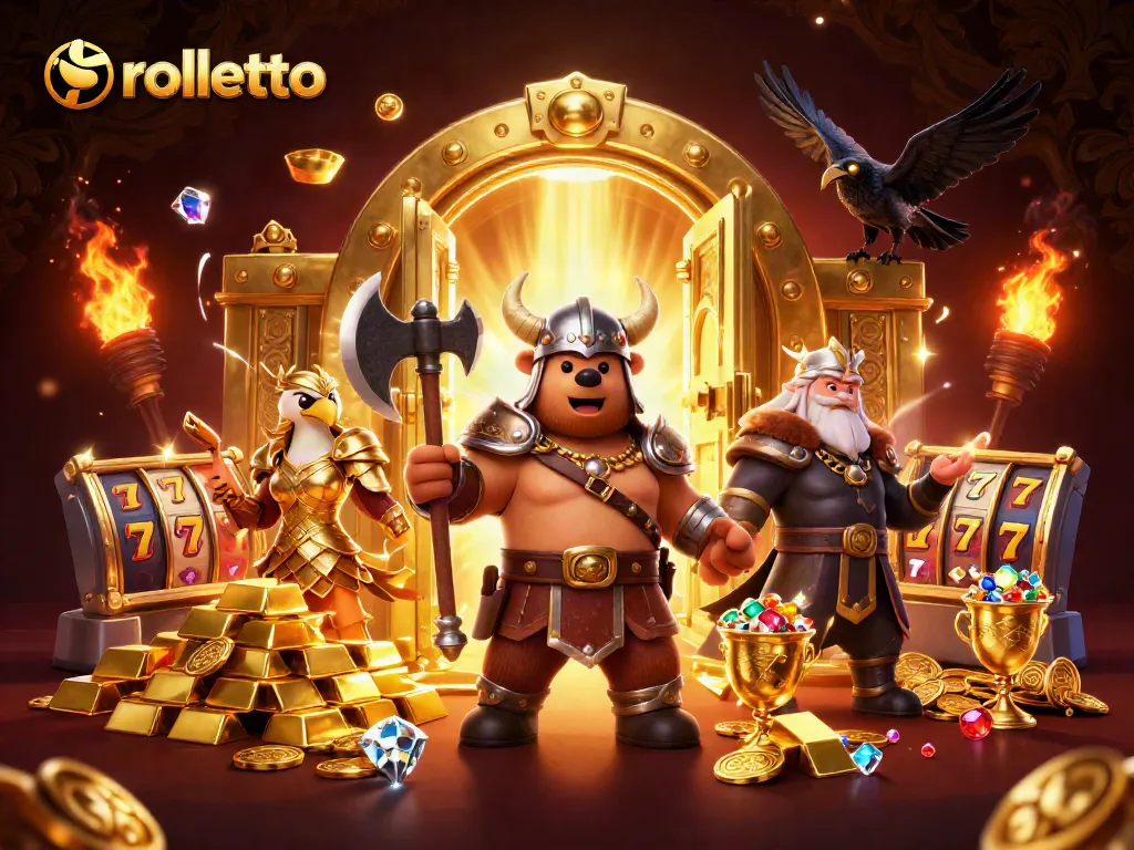 rolletto casino's Viking bear and Valkyrie eagle amidst treasure and slot reels