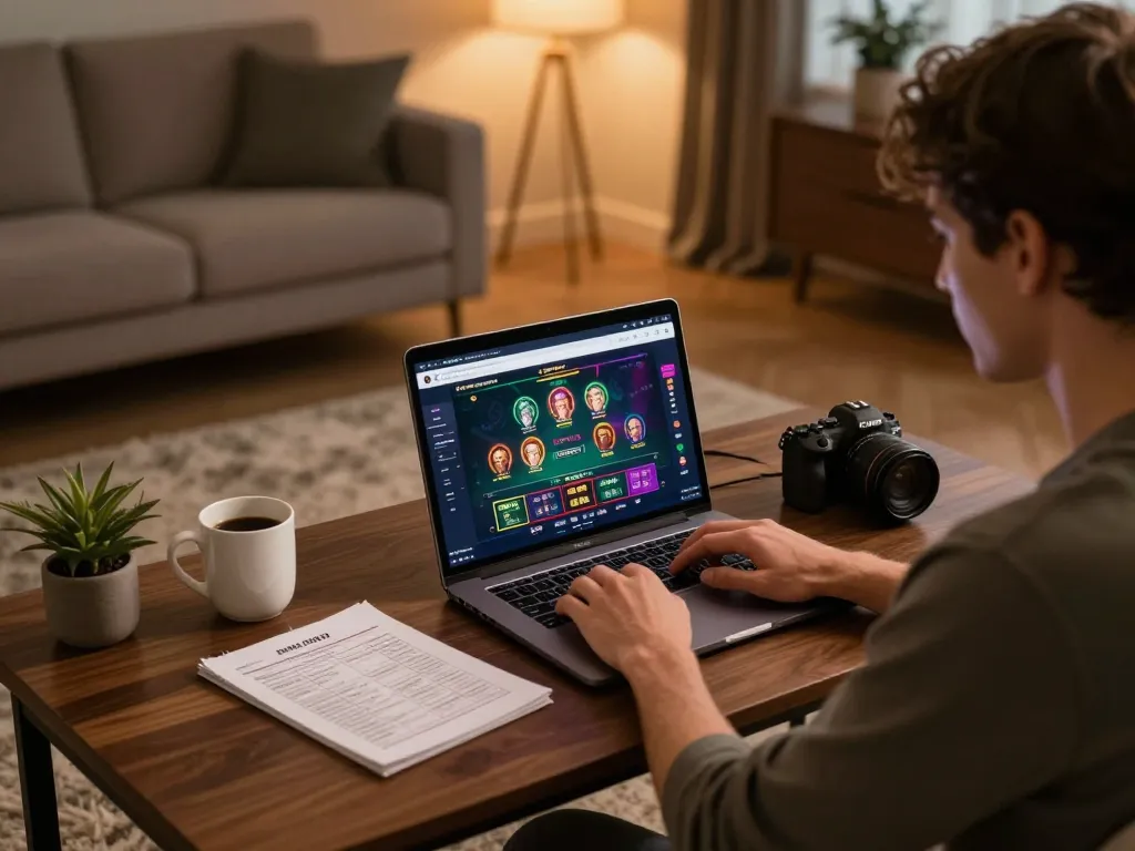 Player engaging with Xin88 online platform on a laptop, showcasing a cozy home gaming setup with betting strategies visible.