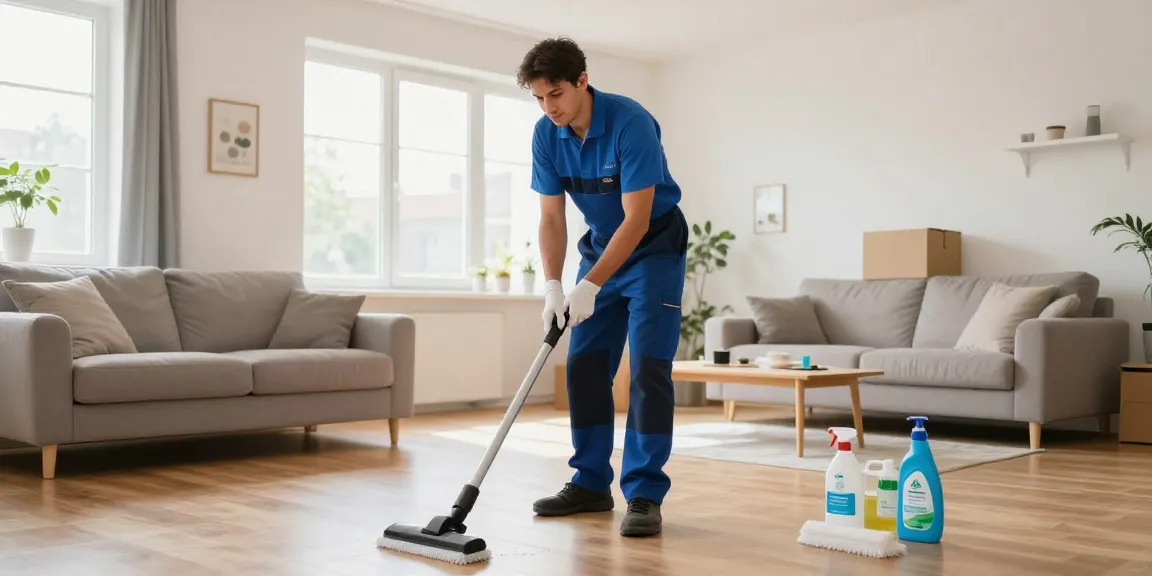 Professional umzugsreinigung solothurn service in action, showcasing a cleaner tidying a bright living room.