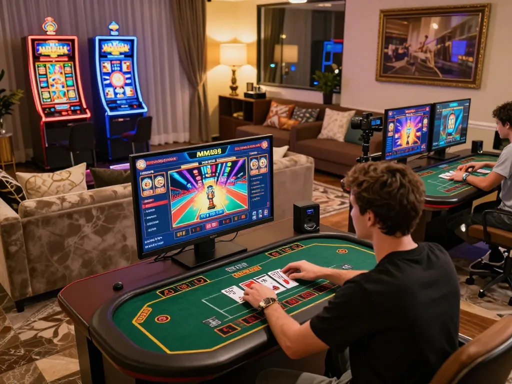 Engaged user betting on MM88 casino app with multiple screens showcasing vibrant games.