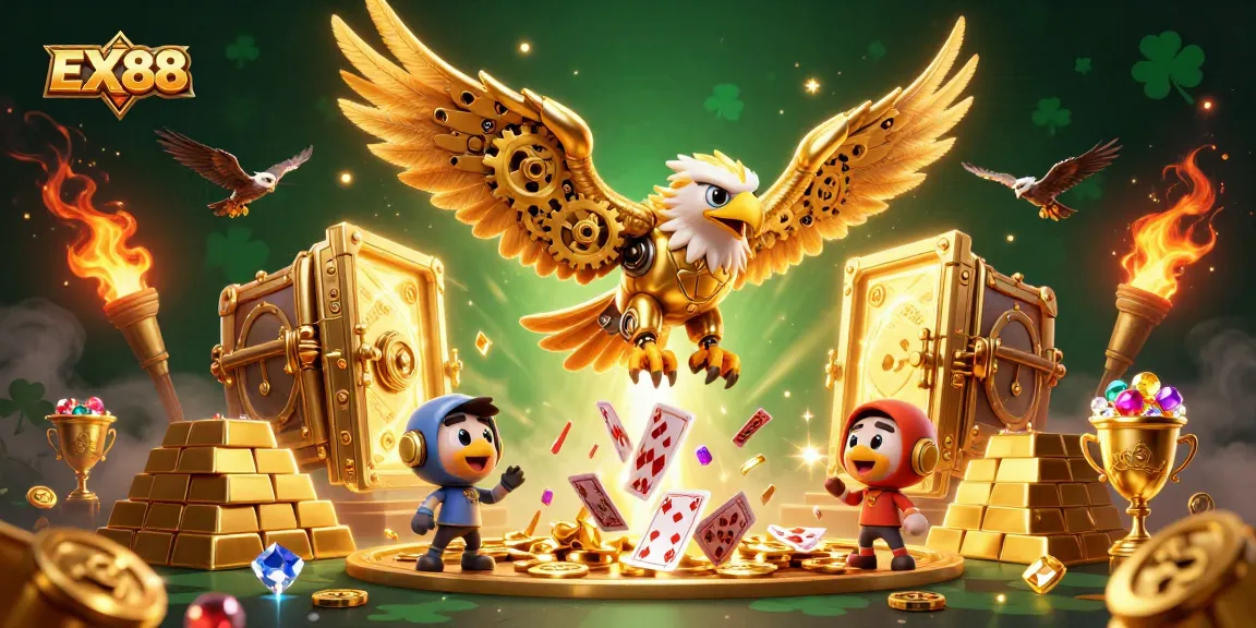 Experience the thrill of winning at EX88 with vibrant treasures and animated casino elements.