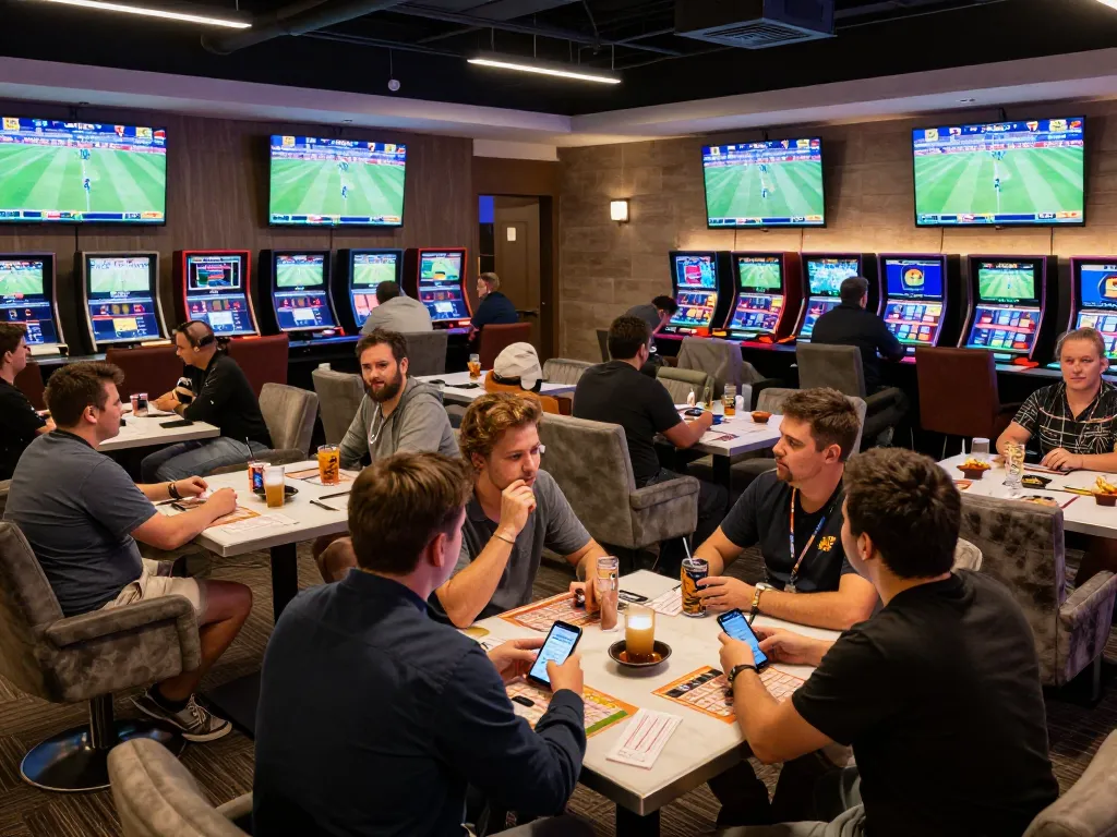 Placing bets at KKBD's lively sports betting lounge with multiple screens and enthusiastic bettors.