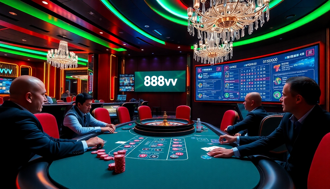 Players engaging in high-stakes poker at 88vv online casino, showcasing luxury and excitement.