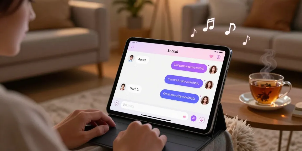 User engaging in ai sex chat on a modern tablet in a cozy living room.