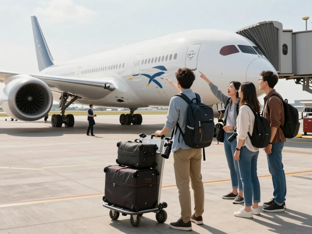 Traveler excitedly watching a Boeing 789P at the airport gate with friends.