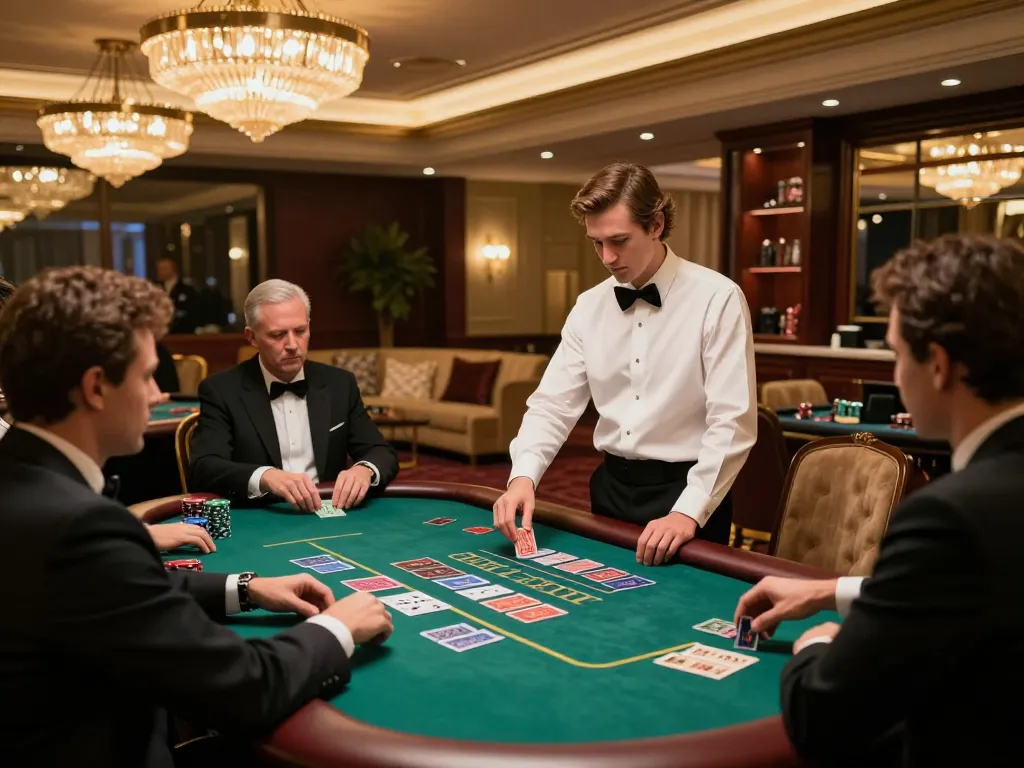 Engaged players strategizing at a high-stakes luck8 blackjack table in a luxurious casino setting.
