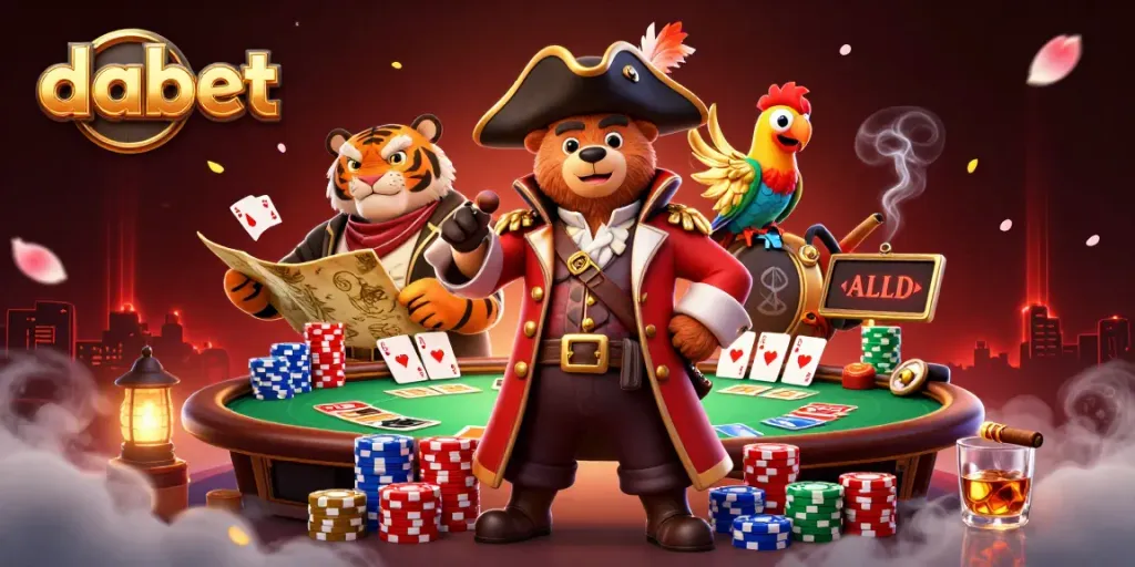 dabet showcases a vibrant pirate-themed poker scene with a captain bear, a tiger, and game elements.