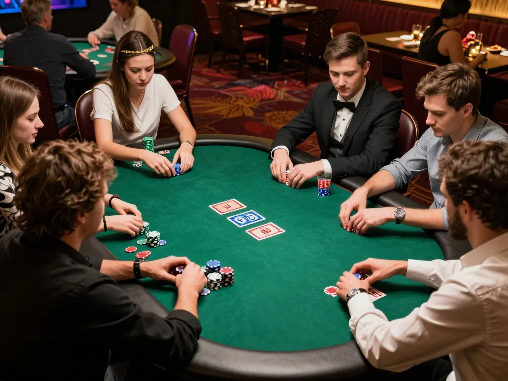FABET players engrossed in a lively poker game at an upscale casino table amid warm lighting.