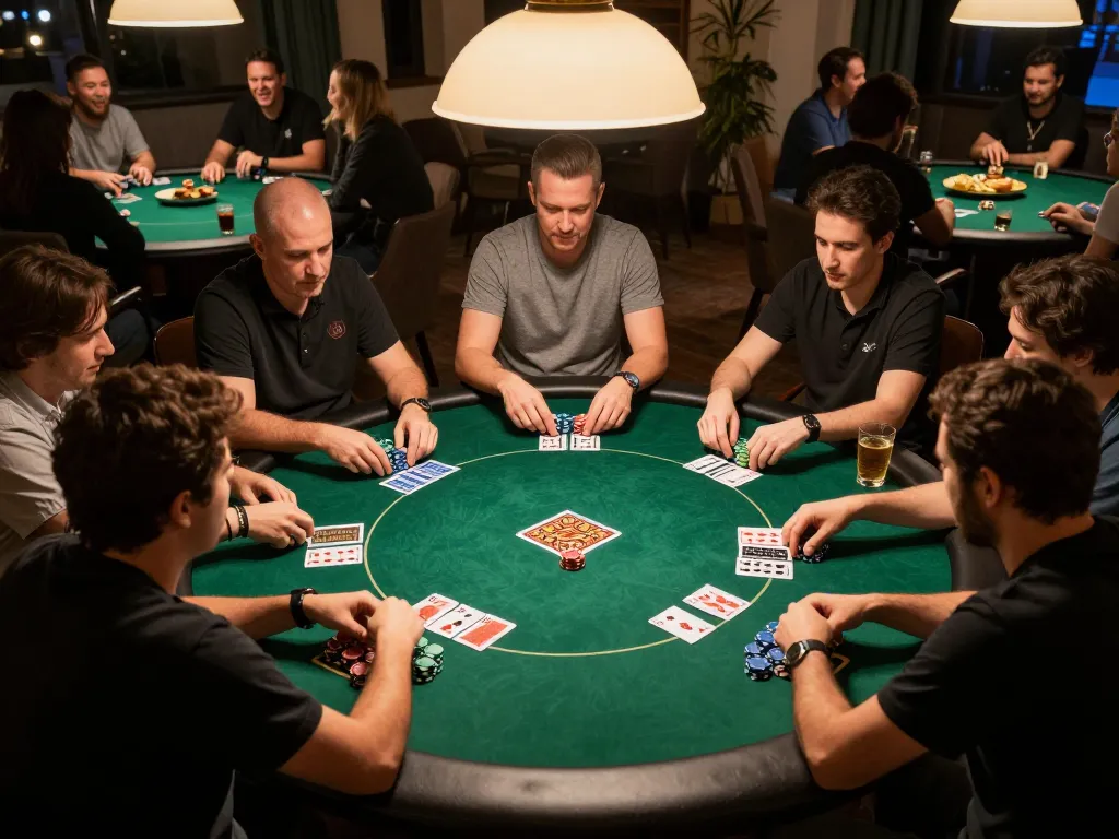 KJC players engaged in an intense home poker game showcasing strategy and camaraderie.