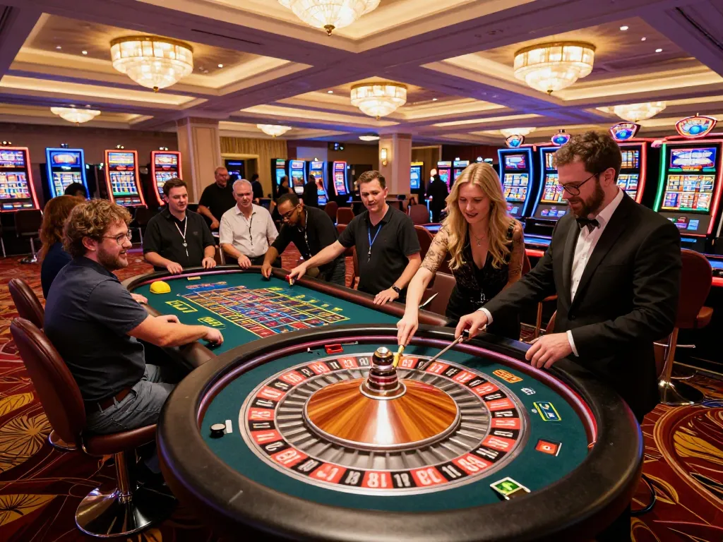 S88 gamblers excitedly placing bets at a dynamic roulette table in an upscale casino