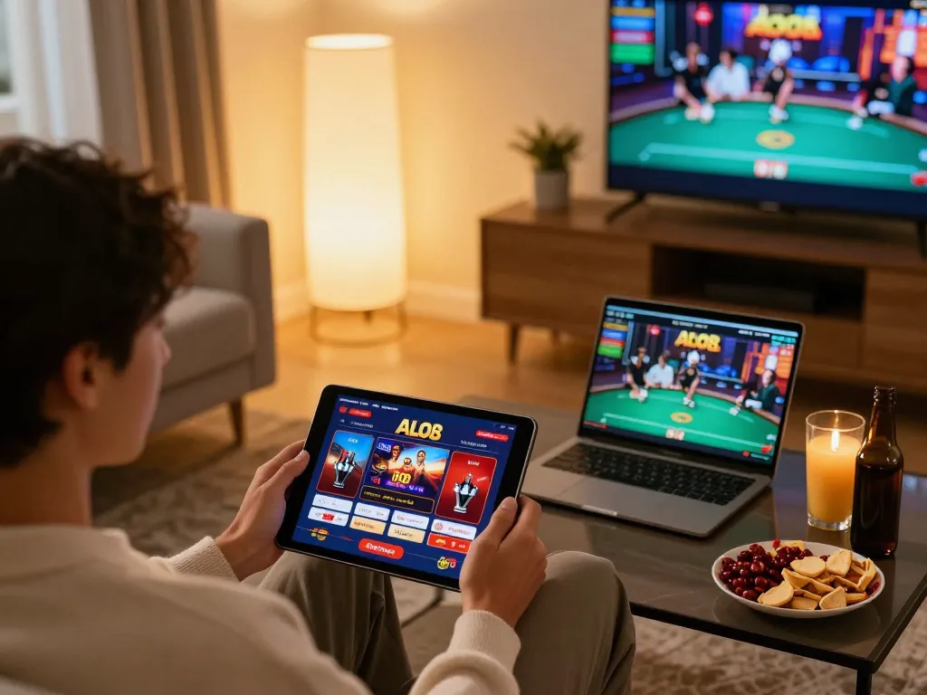 Player enjoying ALO8 online casino app on tablet in a cozy living room setting, showcasing responsible gaming