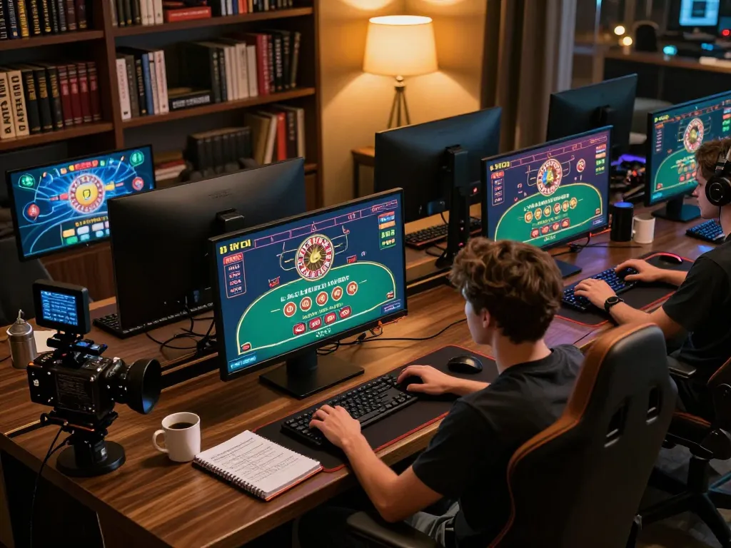 Engaging in live dealer games using five88a, showcasing a modern online casino setup with illuminated screens.