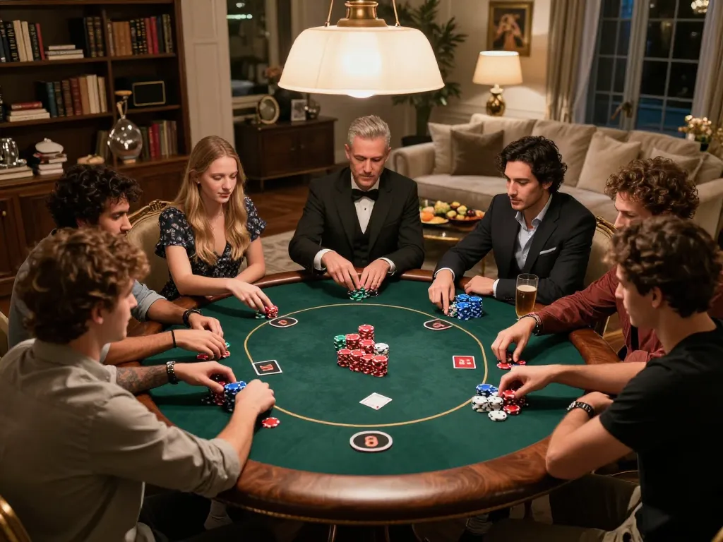Alo8 poker night featuring friends engaged in a Texas Hold'em game with colorful chips and cozy home atmosphere.