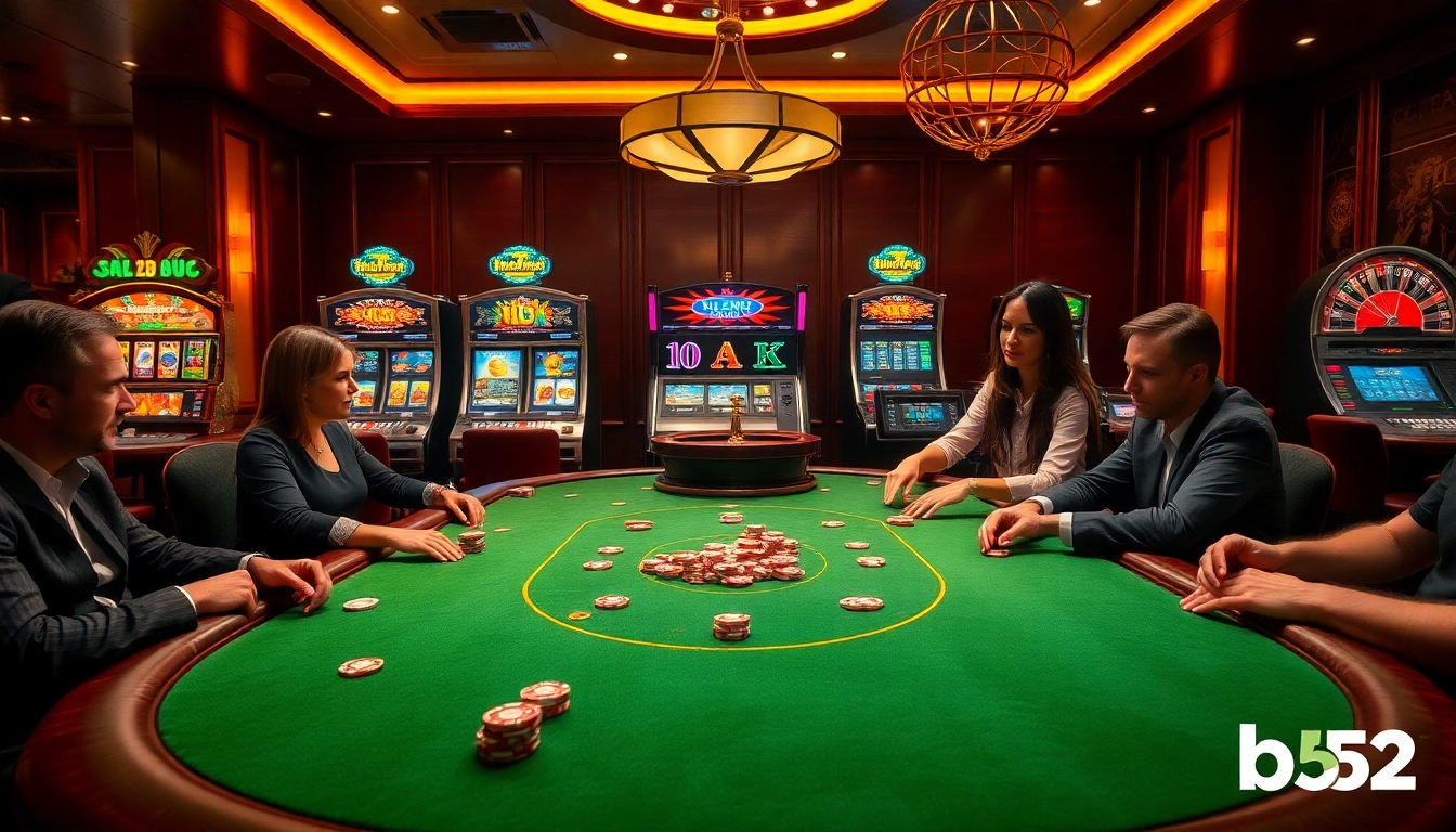 Exciting b52 casino poker scene with luxurious gaming table and thrilling atmosphere.