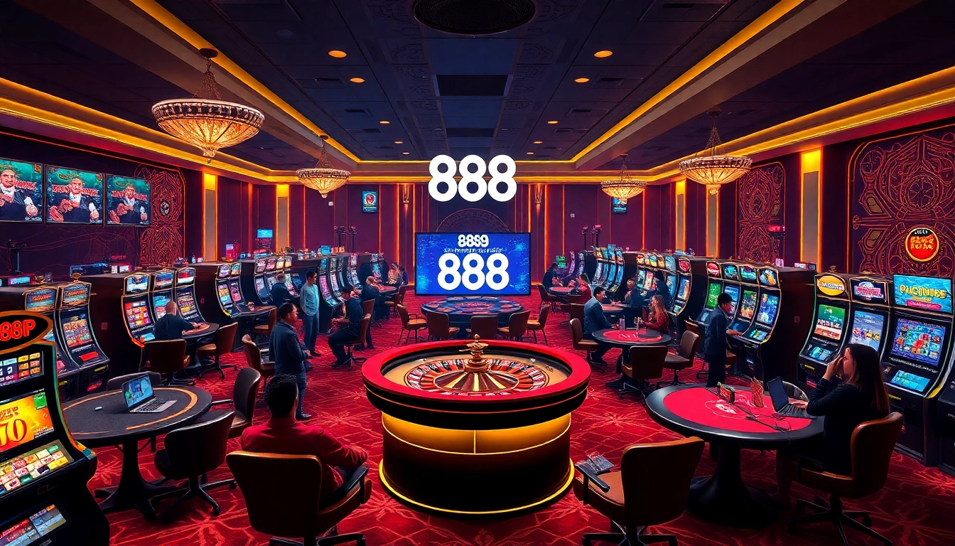 Players engaging with the exciting 888P online casino platform, showcasing poker tables and slot machines.