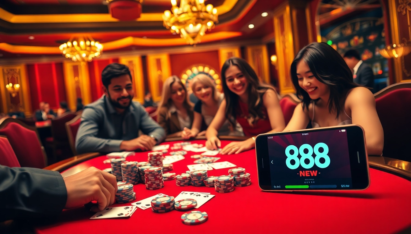 Experience high-stakes excitement at 888 NEW casino with players at a poker table.