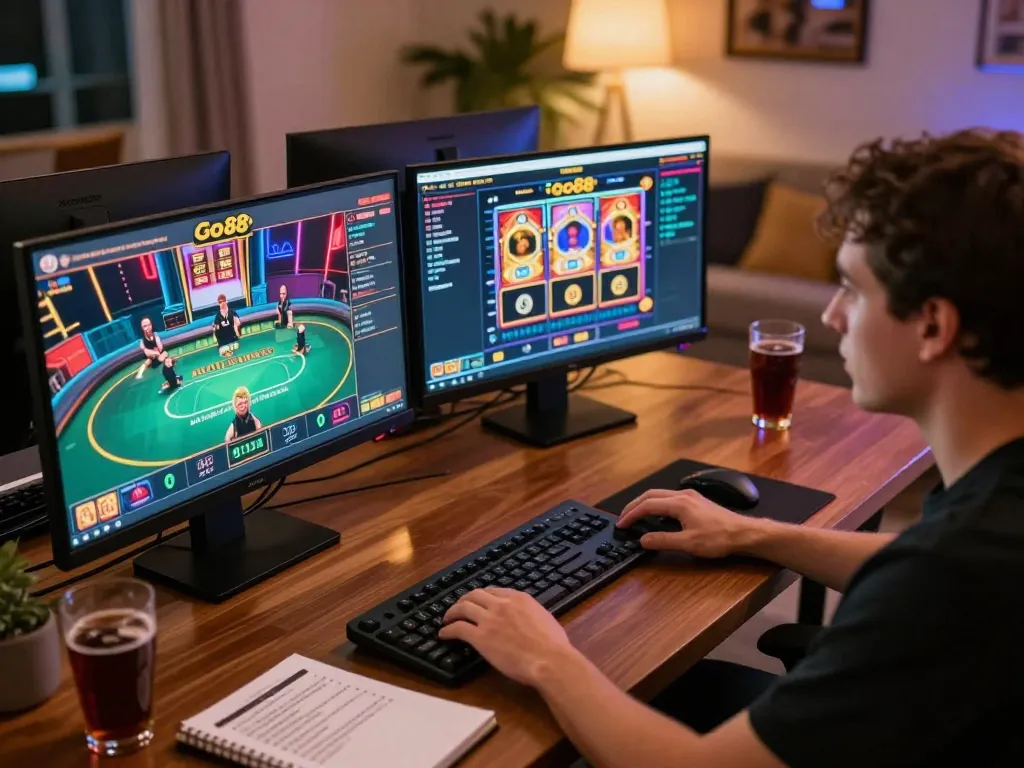 Player engaged in Go88 online casino gaming, showcasing poker and slot activities on computer.